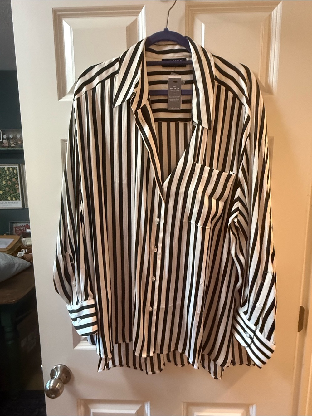 Lane Bryant Black and White Vertical Stripe Button-Down Shirt